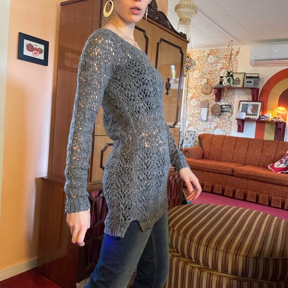Y2K LAYERING Grey crochet knitted tunic long sleeve sweater - Picture 11 of 13